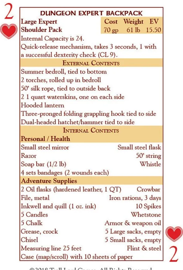 Adventurers Backpack Equipment Cards